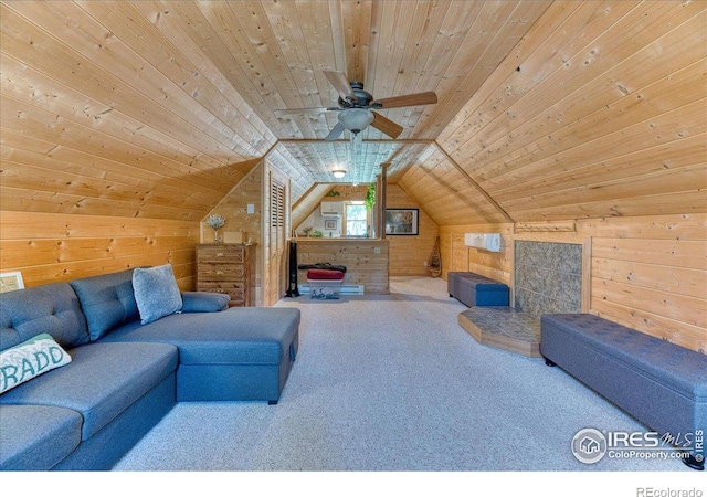 1057 Reed Ranch Rd, Boulder, CO 80302 - living room with wood ceiling, wooden walls, carpet floors, lofted ceiling, and a ceiling fan