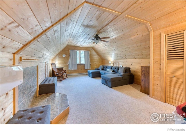 1057 Reed Ranch Rd, Boulder, CO 80302 - bedroom with wood walls, carpet, lofted ceiling, wooden ceiling, and a baseboard radiator