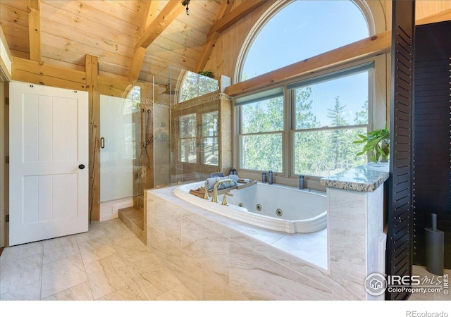 1057 Reed Ranch Rd, Boulder, CO 80302 - bathroom with wooden ceiling, a stall shower, plenty of natural light, marble look tile flooring, and a tub with jets