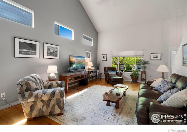 641 Yukon Ct, Windsor, CO 80550 - living area with high vaulted ceiling, wood finished floors, and baseboards