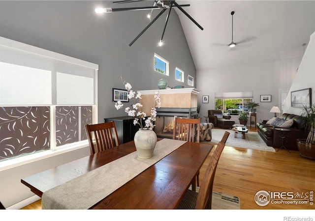 641 Yukon Ct, Windsor, CO 80550 - dining room featuring high vaulted ceiling, a ceiling fan, a fireplace, and wood finished floors