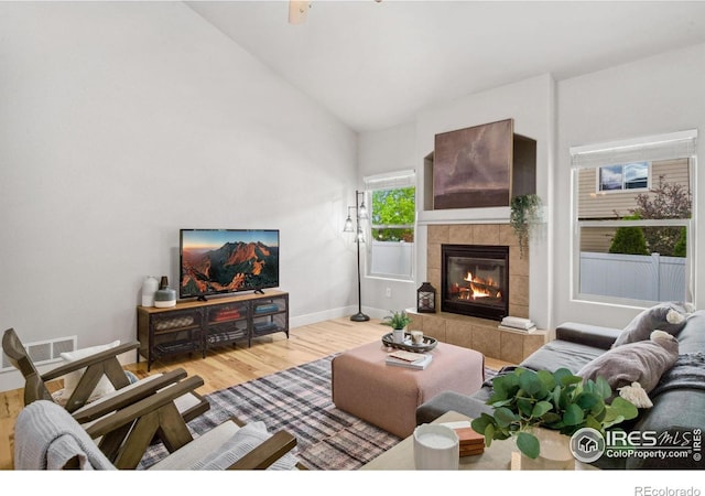 living room with wood finished floors, a fireplace, baseboards, and lofted ceiling