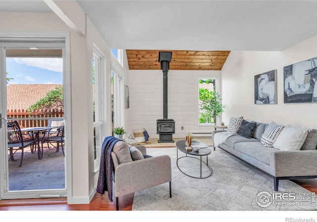 3193 Redstone Ln Unit B6, Boulder, CO 80305 - living area with a wood stove and wood finished floors