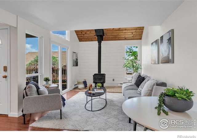 3193 Redstone Ln Unit B6, Boulder, CO 80305 - living room with a wood stove, wooden ceiling, wood finished floors, and a baseboard radiator