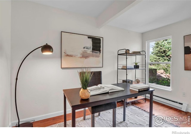3193 Redstone Ln Unit B6, Boulder, CO 80305 - office featuring a baseboard radiator, wood finished floors, beam ceiling, and baseboards