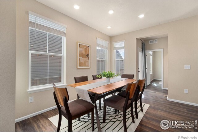 214 Tigercat Way, Fort Collins, CO 80524 - dining room with baseboards, dark wood-type flooring, and recessed lighting