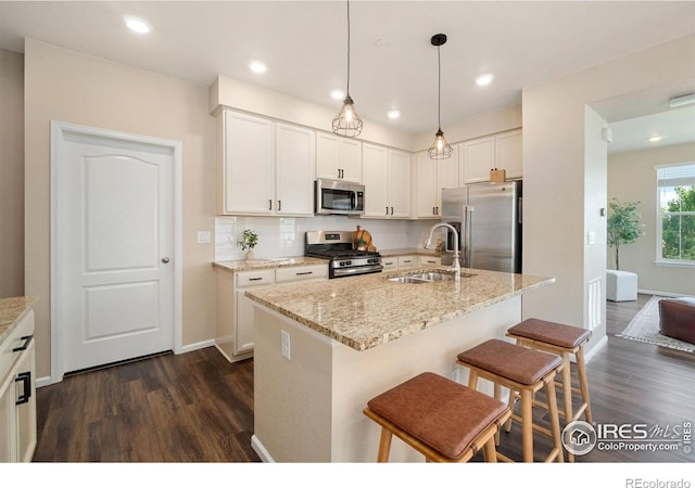 214 Tigercat Way, Fort Collins, CO 80524 - kitchen featuring appliances with stainless steel finishes, a sink, dark wood finished floors, white cabinets, and light stone counters