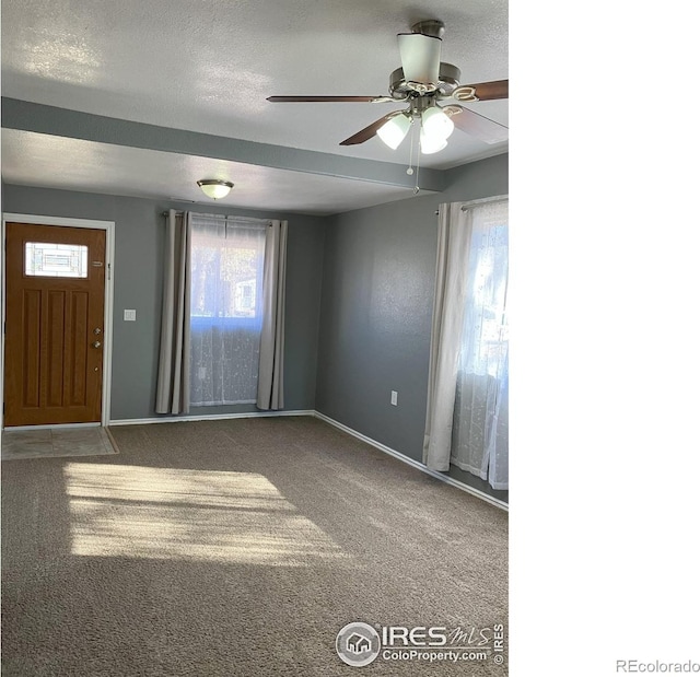 210 S Bowman Ave, Holyoke, CO 80734 - carpeted foyer featuring baseboards, ceiling fan, and a textured ceiling