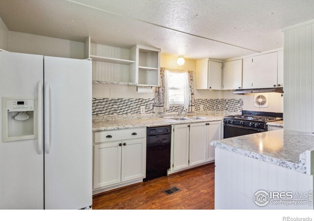 2812 Mango Pl, Loveland, CO 80537 - kitchen with black appliances, a sink, open shelves, dark wood-style floors, and light countertops