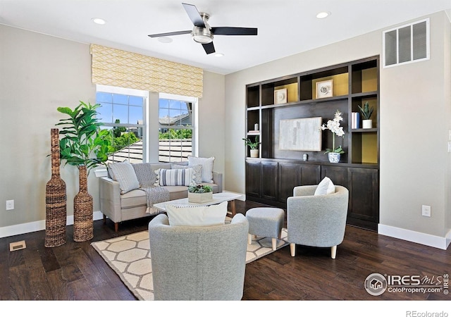 16069 Pikes Peak Dr, Broomfield, CO 80023 - living room with a ceiling fan, wood finished floors, baseboards, recessed lighting, and built in features