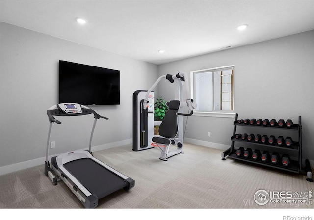 16069 Pikes Peak Dr, Broomfield, CO 80023 - workout area with carpet flooring, baseboards, and recessed lighting