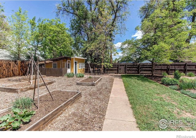 628 Endicott St, Fort Collins, CO 80524 - fenced backyard featuring a garden and an outbuilding