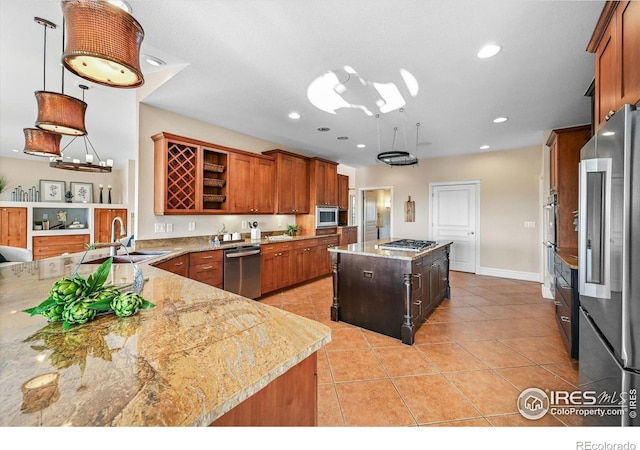 kitchen with stainless steel appliances, a sink, light tile patterned floors, open shelves, and a kitchen island