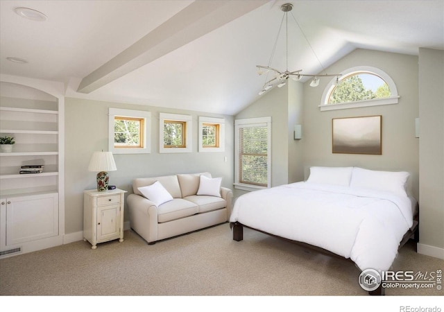 5523 Stonewall Pl, Boulder, CO 80303 - bedroom featuring lofted ceiling, light carpet, and a chandelier