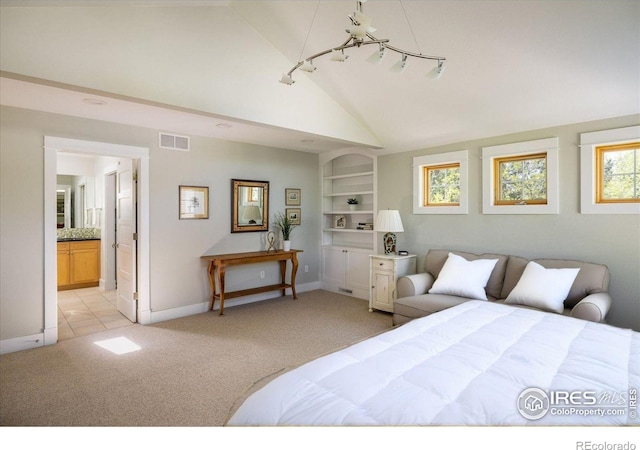 5523 Stonewall Pl, Boulder, CO 80303 - bedroom with light carpet, baseboards, high vaulted ceiling, and ensuite bathroom