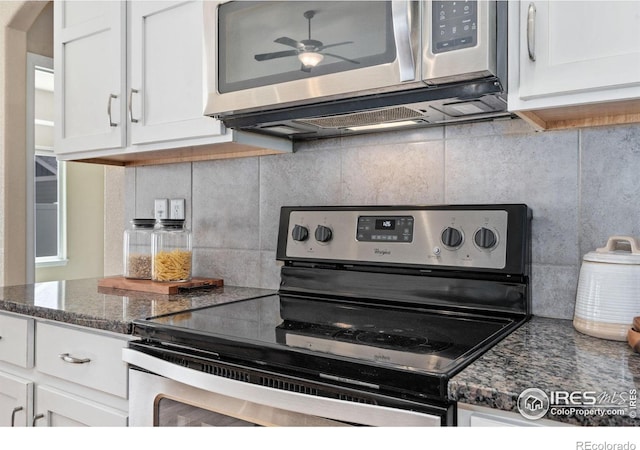 3933 Mount Hope St, Wellington, CO 80549 - kitchen featuring stainless steel appliances, ceiling fan, white cabinetry, and tasteful backsplash