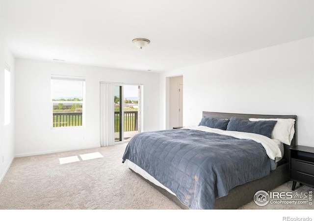 bedroom with access to outside, carpet, and baseboards