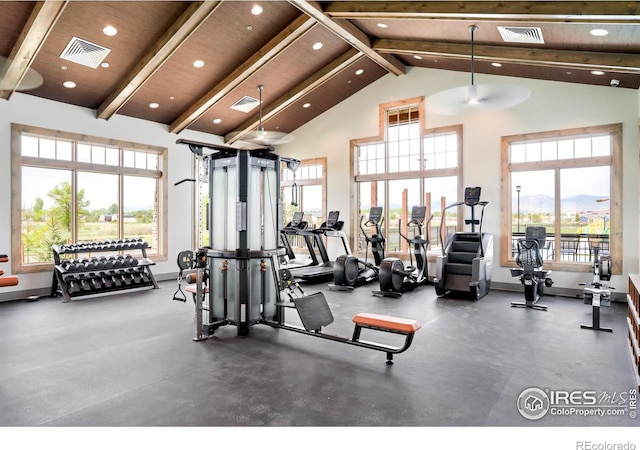 workout area with high vaulted ceiling, beam ceiling, plenty of natural light, and recessed lighting