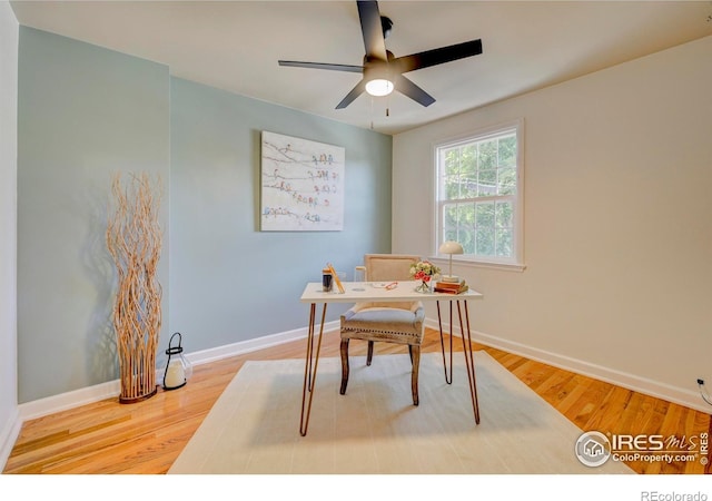 1235 Leyden St, Denver, CO 80220 - office area with ceiling fan, wood finished floors, and baseboards