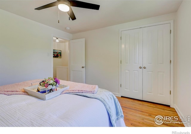 1235 Leyden St, Denver, CO 80220 - bedroom featuring light wood-style flooring, a closet, baseboards, and ceiling fan