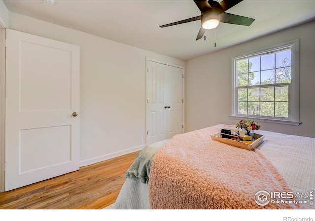 1235 Leyden St, Denver, CO 80220 - bedroom featuring light wood-style flooring, baseboards, ceiling fan, and a closet