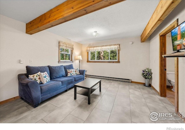 457 Spruce Mountain Dr, Drake, CO 80515 - living room with a baseboard heating unit, beam ceiling, a textured ceiling, and baseboards
