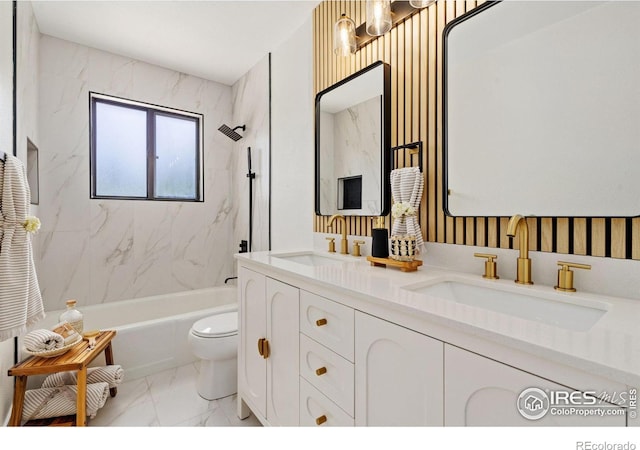full bathroom featuring marble finish floors, toilet, double vanity, and  shower combination
