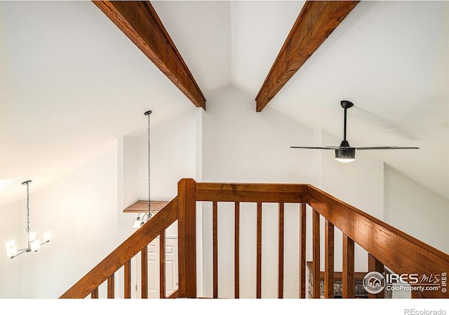 2066 Weathertop Ln, Fort Collins, CO 80526 - detailed view of beam ceiling, a chandelier, and a ceiling fan