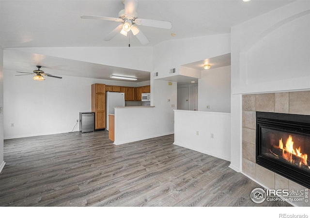 3002 W Elizabeth St Unit G, Fort Collins, CO 80521 - unfurnished living room featuring lofted ceiling, a ceiling fan, a fireplace, wood finished floors, and baseboards