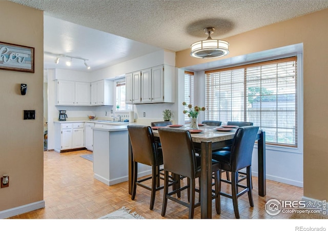 dining room featuring baseboards, a textured ceiling, and track lighting