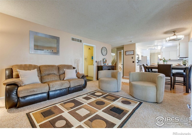 living room featuring carpet flooring and a textured ceiling