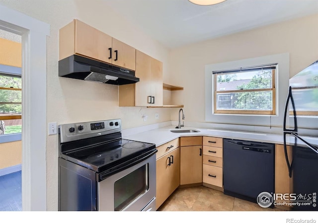 3116 47th St, Boulder, CO 80301 - kitchen with dishwasher, stainless steel electric range, under cabinet range hood, freestanding refrigerator, and a sink