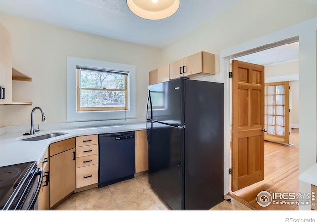 3116 47th St, Boulder, CO 80301 - kitchen featuring black appliances, a sink, light brown cabinets, open shelves, and light countertops