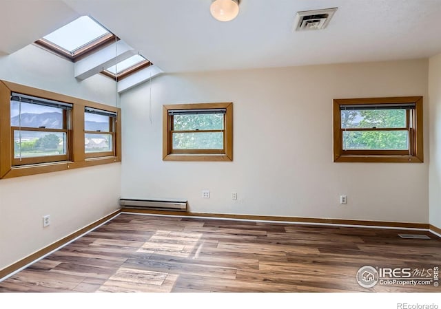 3116 47th St, Boulder, CO 80301 - spare room featuring a skylight, baseboard heating, wood finished floors, and baseboards