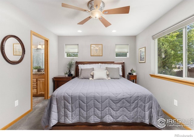 1918 Lily Dr, Loveland, CO 80537 - bedroom featuring baseboards, ensuite bathroom, carpet floors, ceiling fan, and recessed lighting