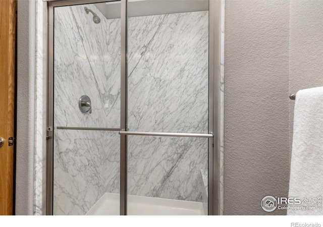 1918 Lily Dr, Loveland, CO 80537 - bathroom featuring a marble finish shower and a textured wall