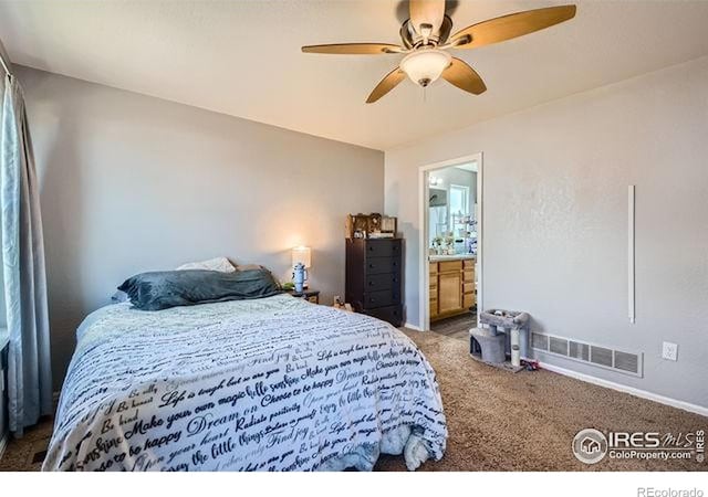 4134 Cypress Ridge Ln, Wellington, CO 80549 - bedroom featuring carpet flooring, ceiling fan, ensuite bath, and baseboards
