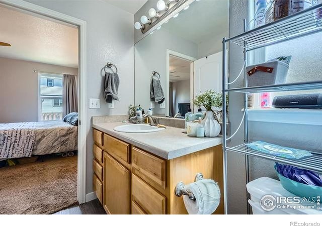4134 Cypress Ridge Ln, Wellington, CO 80549 - bathroom with ensuite bath, vanity, wood finished floors, and a ceiling fan