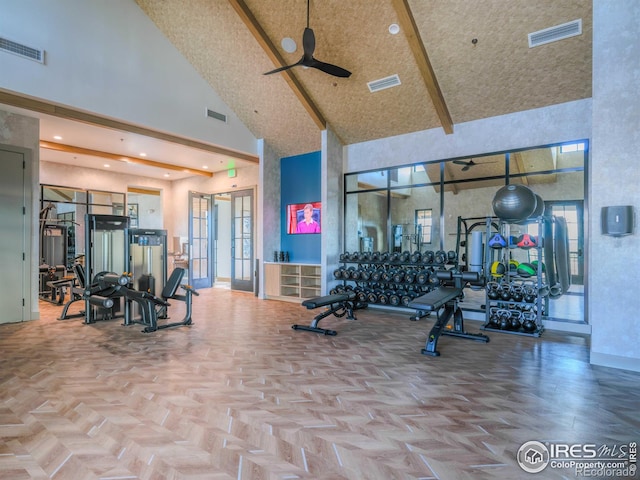 197 Liberty St, Erie, CO 80516 - workout area with high vaulted ceiling, ceiling fan, and baseboards
