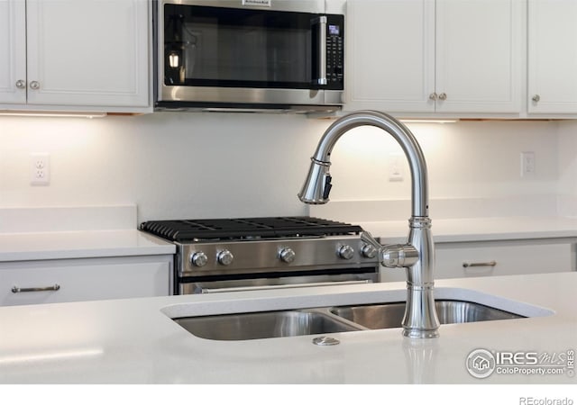 197 Liberty St, Erie, CO 80516 - kitchen view of stainless steel microwave, light countertops, a sink, and white cabinetry