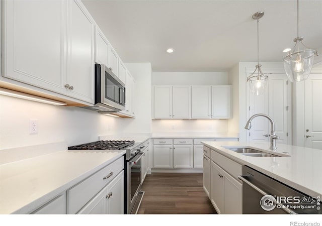 197 Liberty St, Erie, CO 80516 - kitchen with stainless steel appliances, a sink, dark wood finished floors, recessed lighting, and light countertops