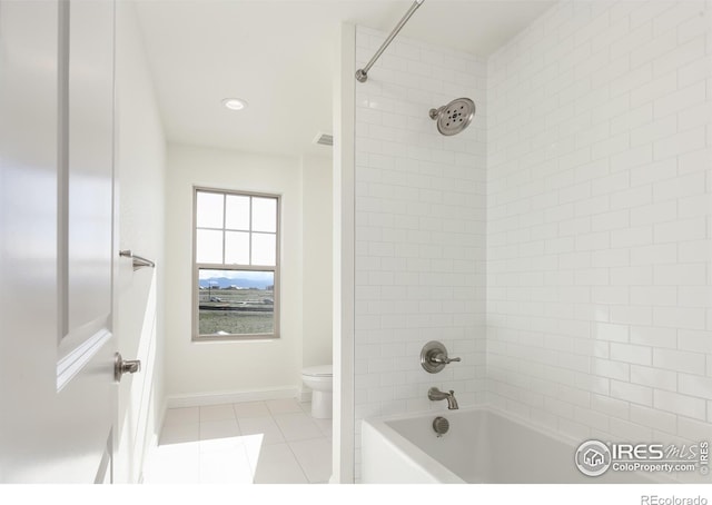 197 Liberty St, Erie, CO 80516 - full bathroom with tile patterned floors, toilet, baseboards, bathing tub / shower combination, and recessed lighting