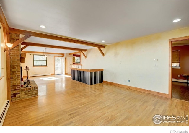 33090 Janelle Cir, Golden, CO 80403 - unfurnished living room featuring a baseboard radiator, a baseboard heating unit, beam ceiling, wood finished floors, and recessed lighting
