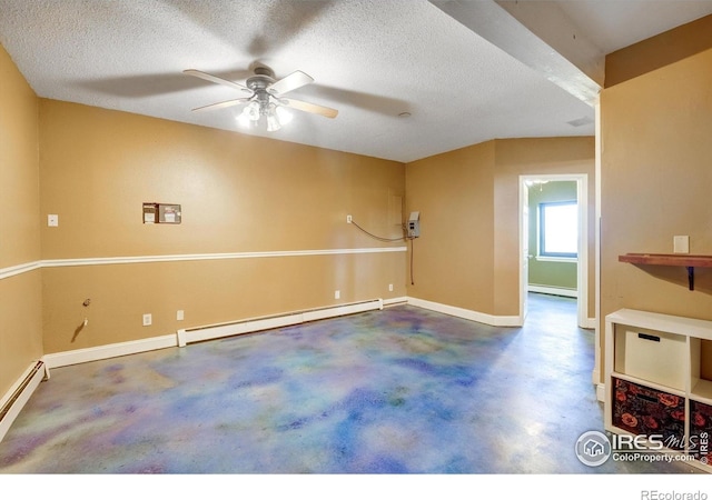 33090 Janelle Cir, Golden, CO 80403 - empty room with baseboard heating, concrete floors, ceiling fan, baseboards, and a textured ceiling