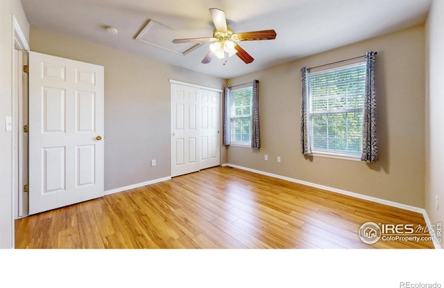3221 Mesa Verde St, Fort Collins, CO 80525 - unfurnished bedroom with light wood-type flooring, baseboards, a closet, and a ceiling fan