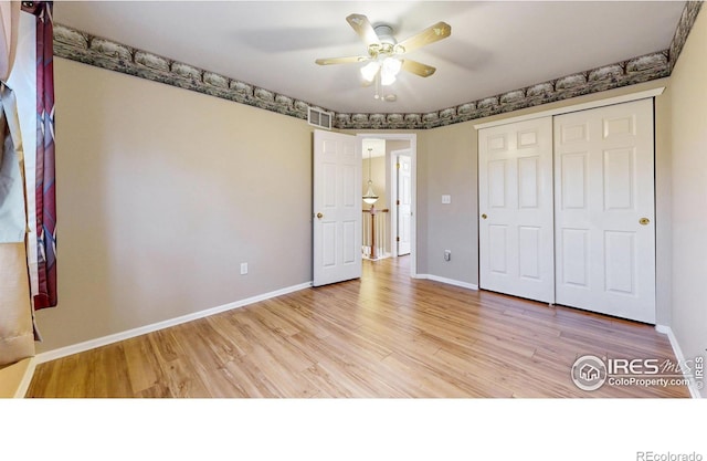3221 Mesa Verde St, Fort Collins, CO 80525 - unfurnished bedroom featuring light wood-style flooring, baseboards, a closet, and a ceiling fan