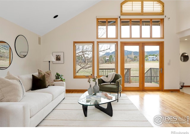 990 Utica Cir, Boulder, CO 80304 - living area featuring high vaulted ceiling, wood finished floors, a mountain view, and baseboards