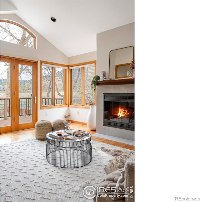 990 Utica Cir, Boulder, CO 80304 - living room featuring wood finished floors, a fireplace, healthy amount of natural light, and high vaulted ceiling