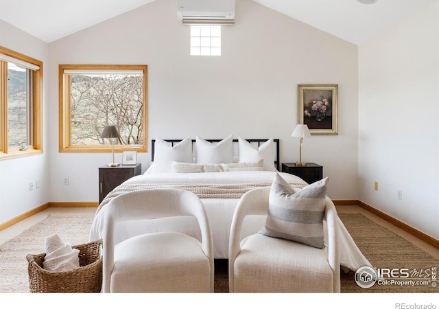 990 Utica Cir, Boulder, CO 80304 - carpeted bedroom with an AC wall unit, vaulted ceiling, and baseboards