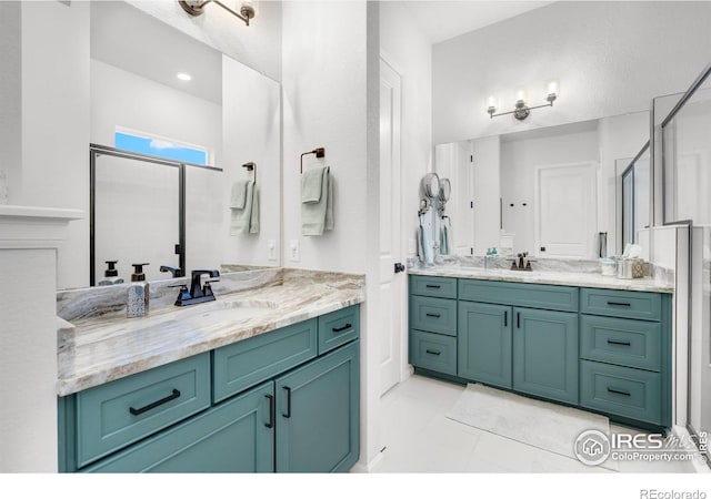5524 Congressional Ct, Windsor, CO 80528 - full bathroom featuring two vanities and a stall shower
